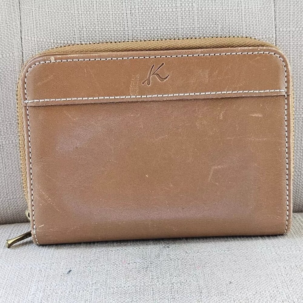 Kitamura Wallet Tan Leather Bifold Card Holder Zip Around Coin Pocket Purse